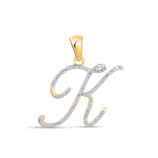 10K Yellow Gold Round Diamond K Letter Initial Pendant 1/8 Ctw