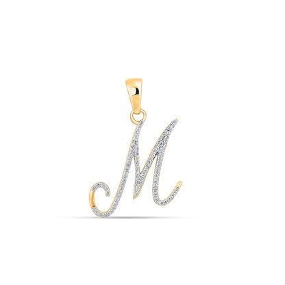 10K Yellow Gold Round Diamond M Letter Initial Pendant 1/8 Ctw