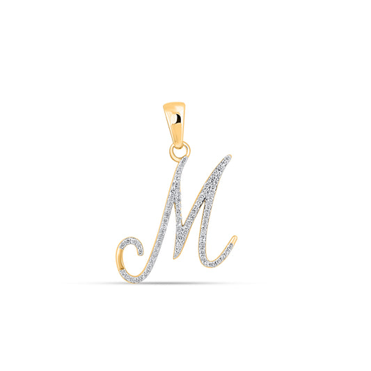 10K Yellow Gold Round Diamond M Letter Initial Pendant 1/8 Ctw