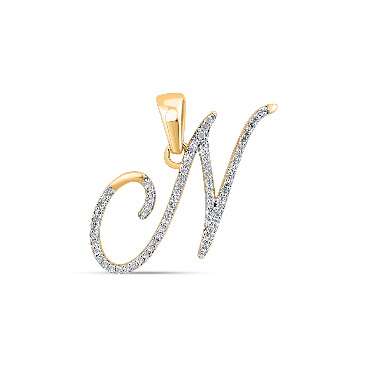 10K Yellow Gold Round Diamond N Letter Initial Pendant 1/8 Ctw