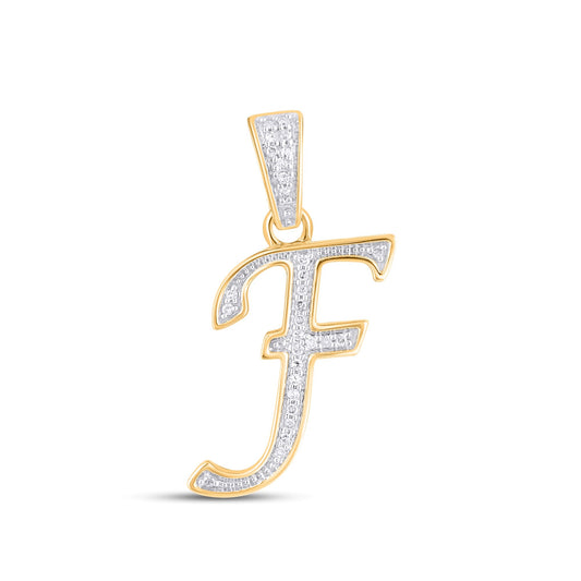 10K Yellow Gold Round Diamond F Letter Initial Pendant 1/10 Ctw