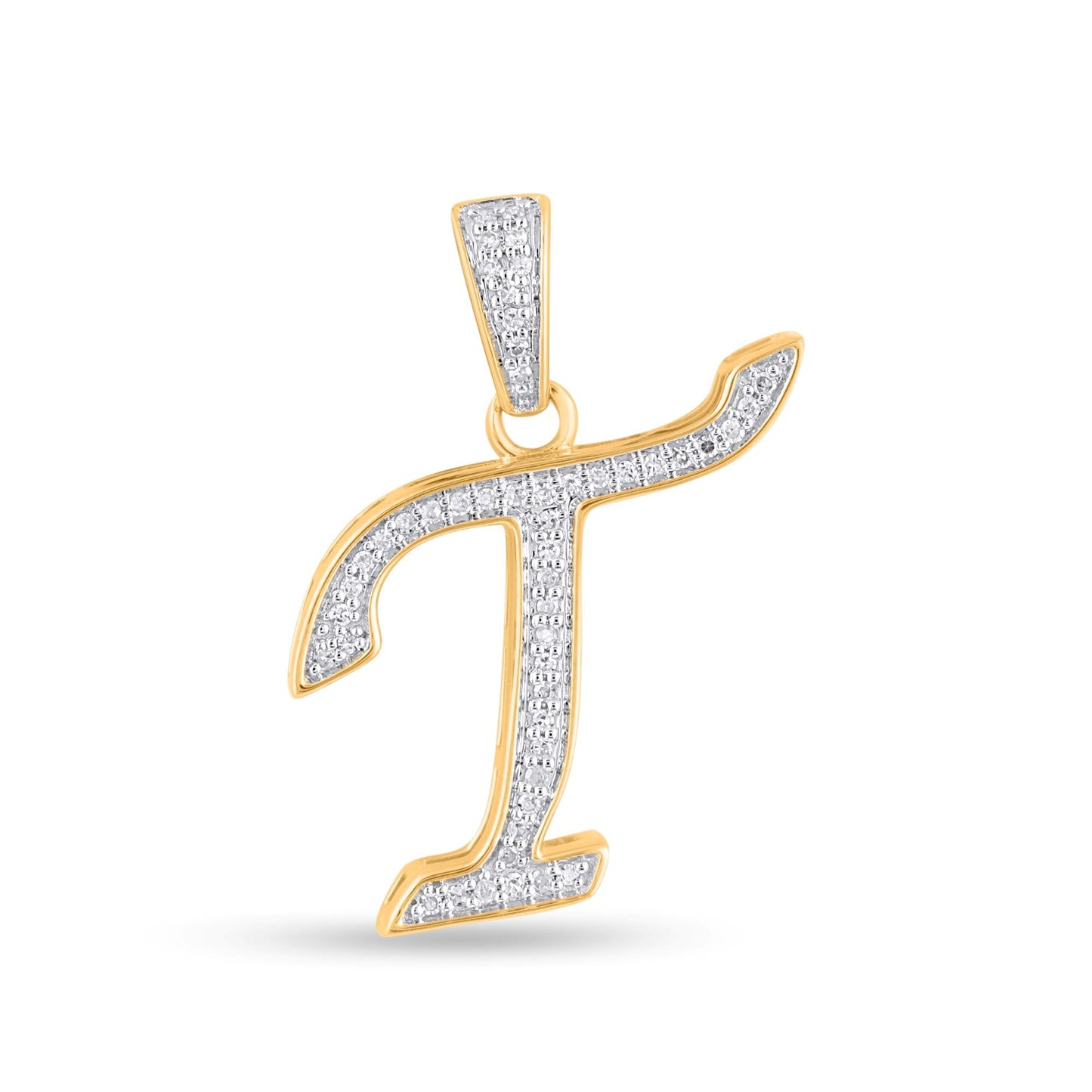 10K Yellow Gold Round Diamond T Letter Initial Pendant 1/10 Ctw