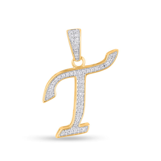 10K Yellow Gold Round Diamond T Letter Initial Pendant 1/10 Ctw