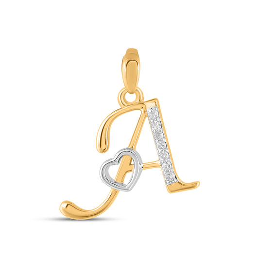 10K Yellow Gold Round Diamond A Letter Initial With Heart Pendant 1/10 Ctw