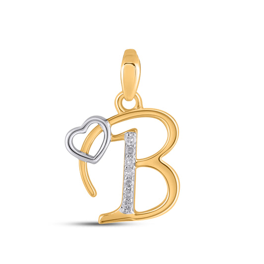 10K Yellow Gold Round Diamond B Letter Initial With Heart Pendant 1/10 Ctw