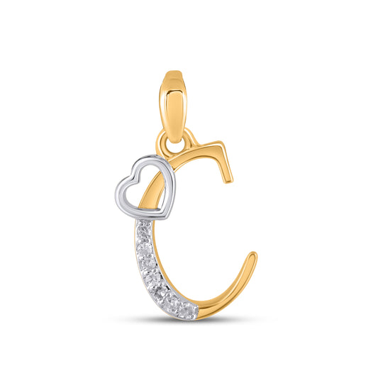 10K Yellow Gold Round Diamond C Letter Initial With Heart Pendant 1/10 Ctw