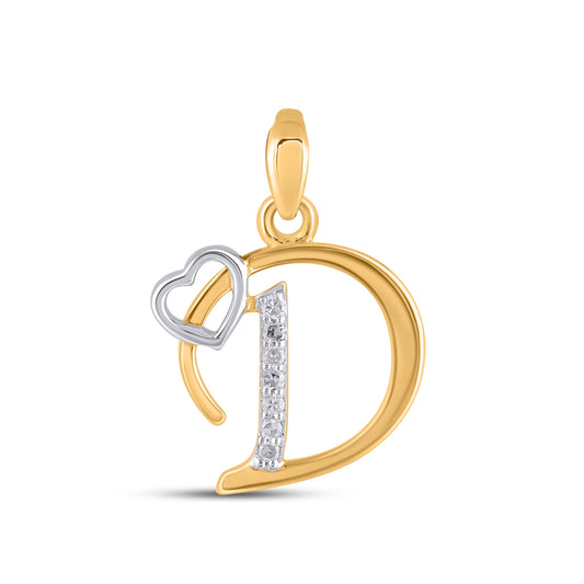 10K Yellow Gold Round Diamond D Letter Initial With Heart Pendant 1/10 Ctw