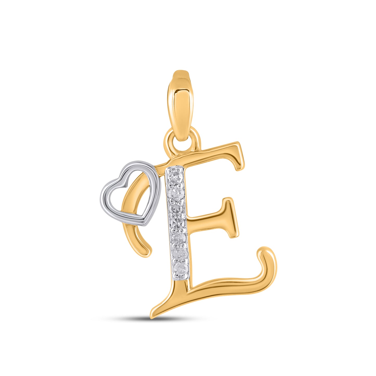 10K Yellow Gold Round Diamond E Letter Initial With Heart Pendant 1/10 Ctw