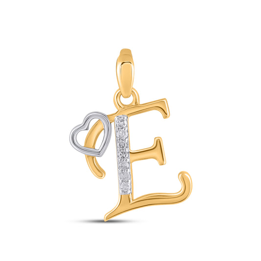 10K Yellow Gold Round Diamond E Letter Initial With Heart Pendant 1/10 Ctw