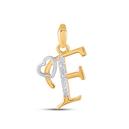10K Yellow Gold Round Diamond F Letter Initial With Heart Pendant 1/10 Ctw