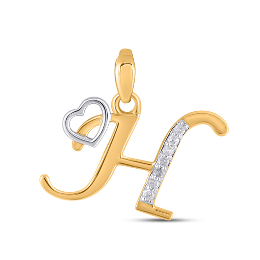 10K Yellow Gold Round Diamond H Letter Initial With Heart Pendant 1/10 Ctw