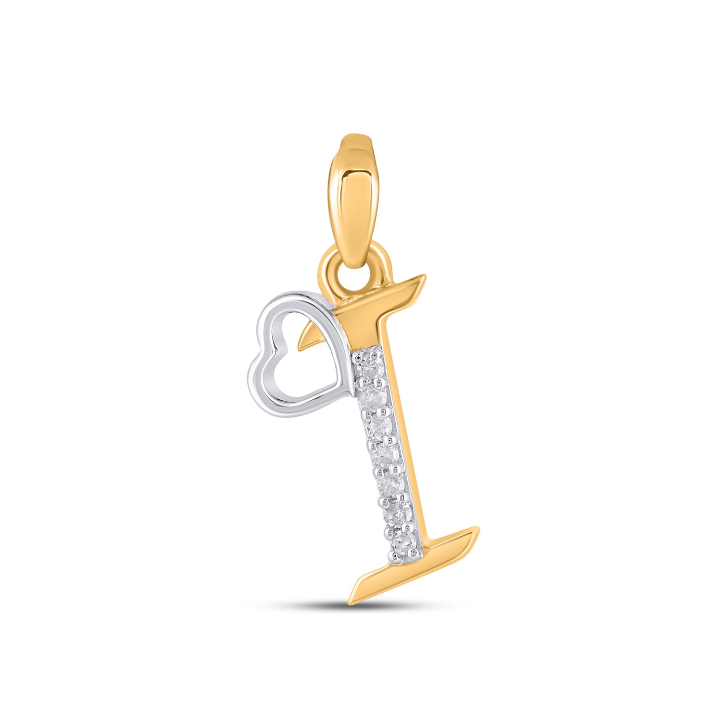 10K Yellow Gold Round Diamond I Letter Initial With Heart Pendant 1/10 Ctw