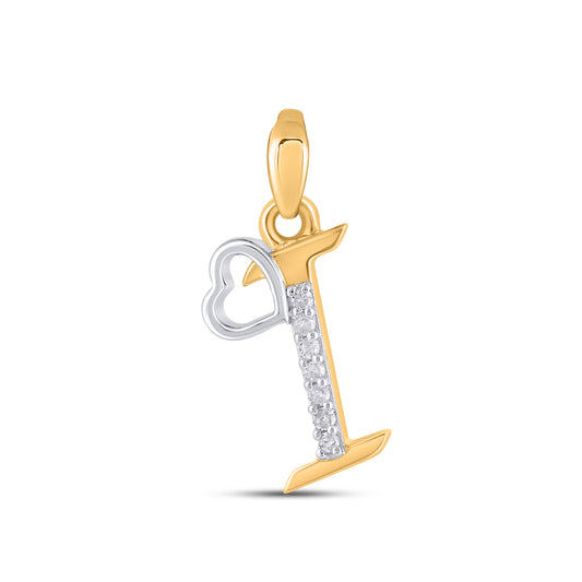 10K Yellow Gold Round Diamond I Letter Initial With Heart Pendant 1/10 Ctw