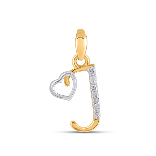 10K Yellow Gold Round Diamond J Letter Initial With Heart Pendant 1/10 Ctw