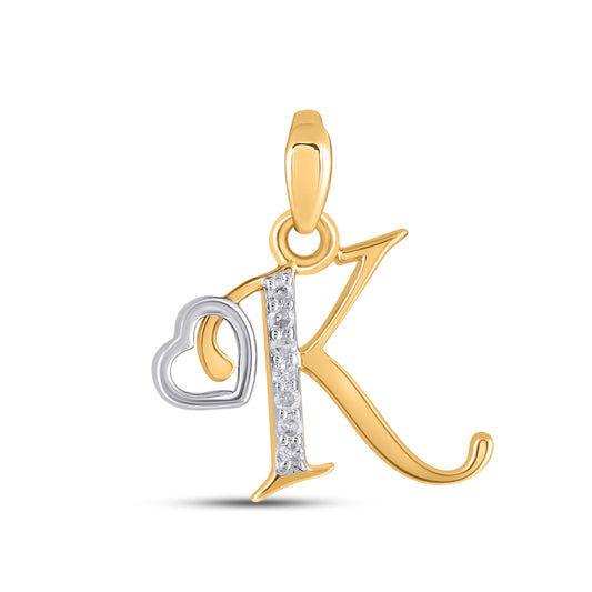 10K Yellow Gold Round Diamond K Letter Initial With Heart Pendant 1/10 Ctw