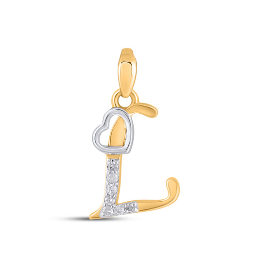 10K Yellow Gold Round Diamond L Letter Initial With Heart Pendant 1/10 Ctw