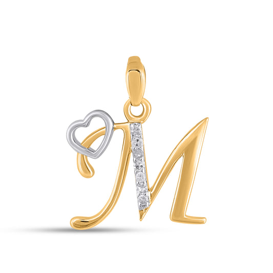10K Yellow Gold Round Diamond M Letter Initial With Heart Pendant 1/10 Ctw