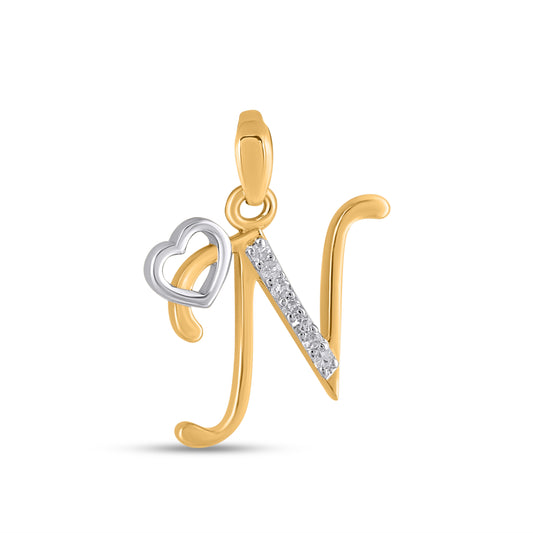 10K Yellow Gold Round Diamond N Letter Initial With Heart Pendant 1/10 Ctw