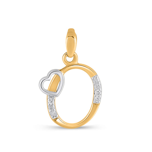 10K Yellow Gold Round Diamond O Letter Initial With Heart Pendant 1/10 Ctw