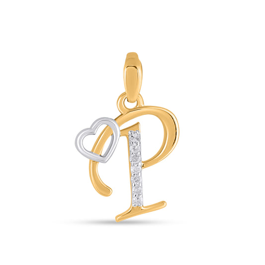 10K Yellow Gold Round Diamond P Letter Initial With Heart Pendant 1/10 Ctw