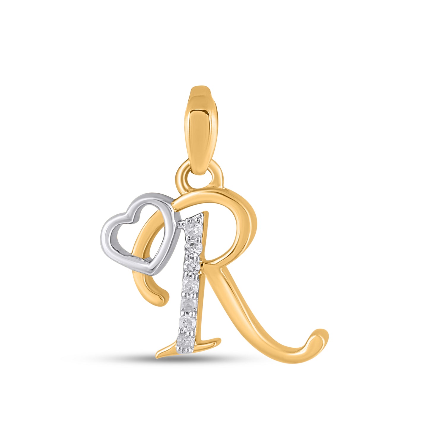 10K Yellow Gold Round Diamond R Letter Initial With Heart Pendant 1/10 Ctw