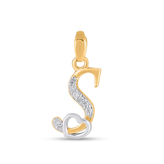 10K Yellow Gold Round Diamond S Letter Initial With Heart Pendant 1/10 Ctw
