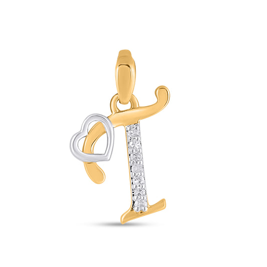 10K Yellow Gold Round Diamond T Letter Initial With Heart Pendant 1/10 Ctw