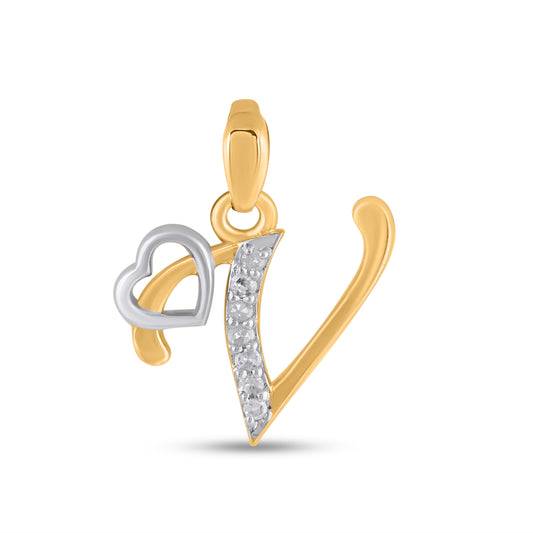 10K Yellow Gold Round Diamond V Letter Initial With Heart Pendant 1/10 Ctw