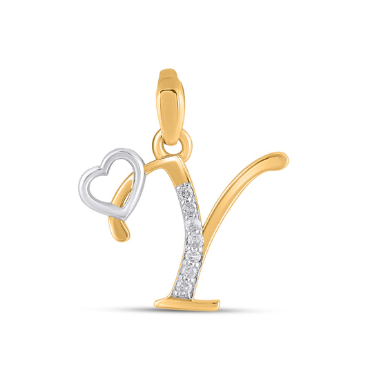 10K Yellow Gold Round Diamond Y Letter Initial With Heart Pendant 1/10 Ctw