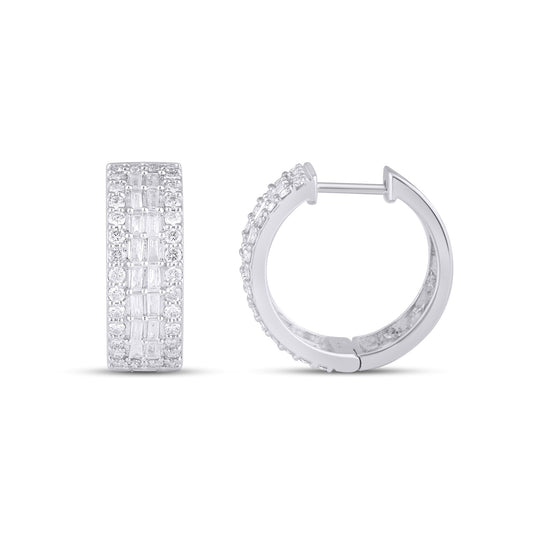 10K White Gold Round Baguette Diamond 3 Row Designer Hoop Earring 1 Ctw