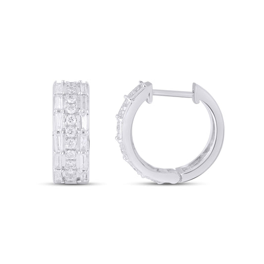 10K White Gold Round Baguette Diamond Designer Hoop Earring 5/8 Ctw
