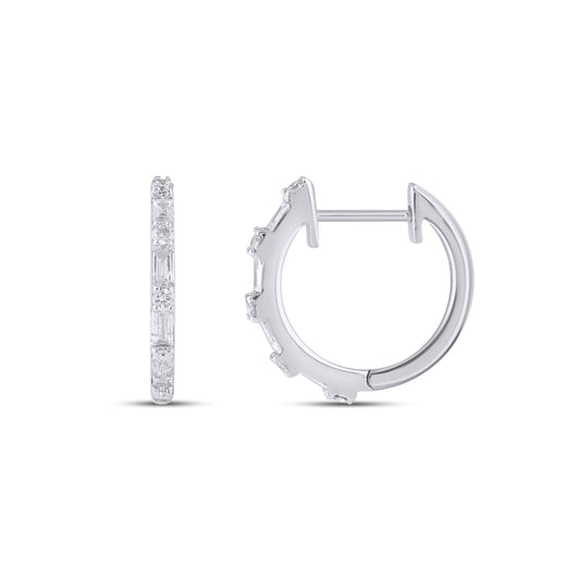10K White Gold Round Baguette Diamond Designer Hoop Earring 1/4 Ctw