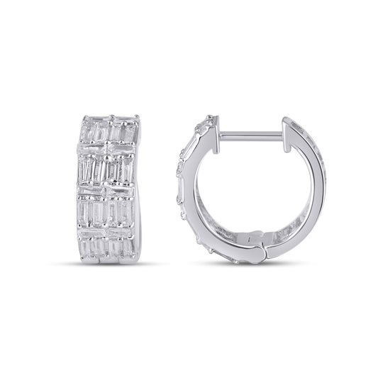 10K White Gold Baguette Diamond Designer Hoop Earring 3/4 Ctw