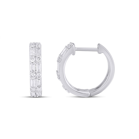 10K White Gold Round Baguette Diamond Designer Hoop Earring 1/3 Ctw