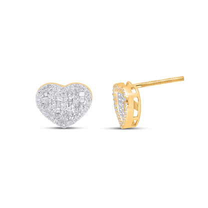 10K Yellow Gold Round Baguette Diamond Heart Earring 1/3 Ctw