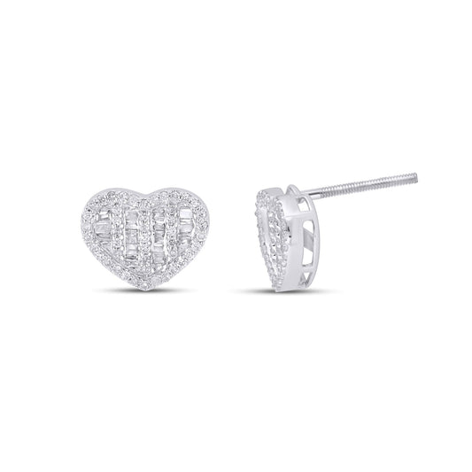 10K White Gold Round Baguette Diamond Heart Earring 1/3 Ctw