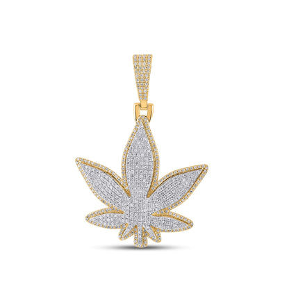 10K Yellow Gold Round Diamond Weed Leaf Pendant 1-1/2 Ctw