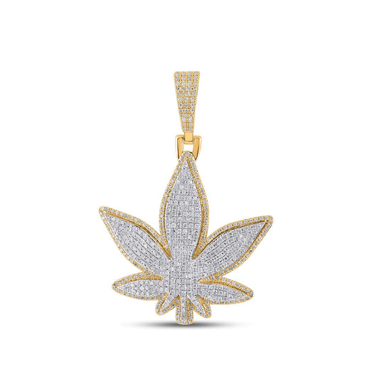 10K Yellow Gold Round Diamond Weed Leaf Pendant 1-1/2 Ctw