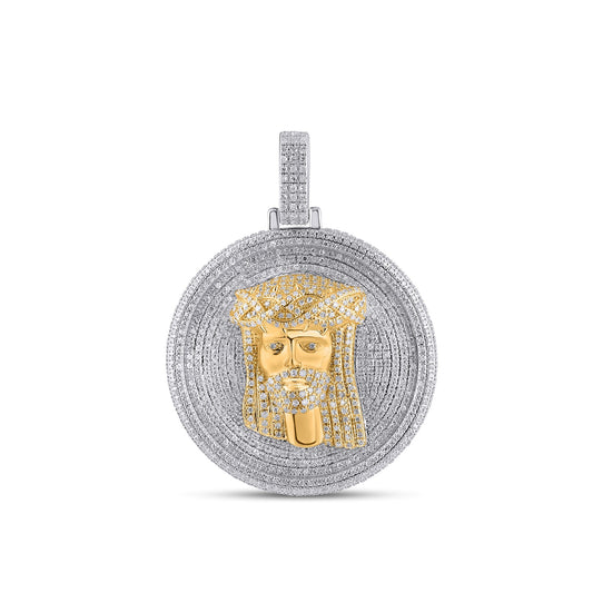 10K Yellow White Two Tone Round Baguette Diamond Jesus Face Religious Pendant 2 Ctw