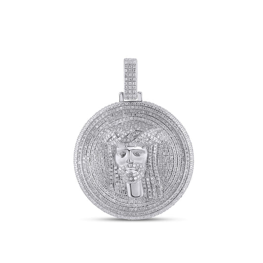 10K White Gold Round Baguette Diamond Jesus Face Religious Pendant 2 Ctw