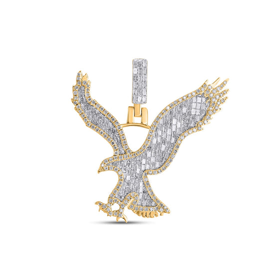 10K Yellow Gold Round Baguette Diamond Eagle Animal Pendant 1-1/5 Ctw