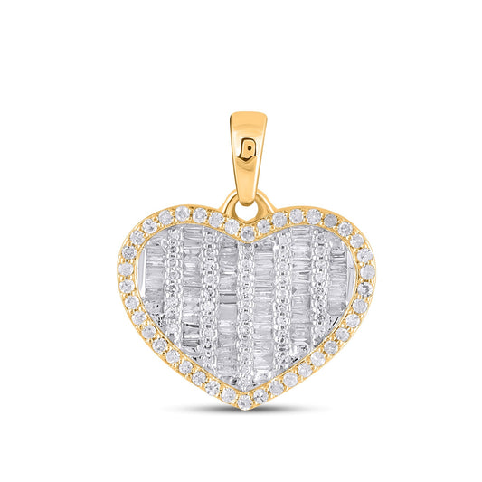 10K Yellow Gold Round Baguette Diamond Heart Pendant 1/2 Ctw