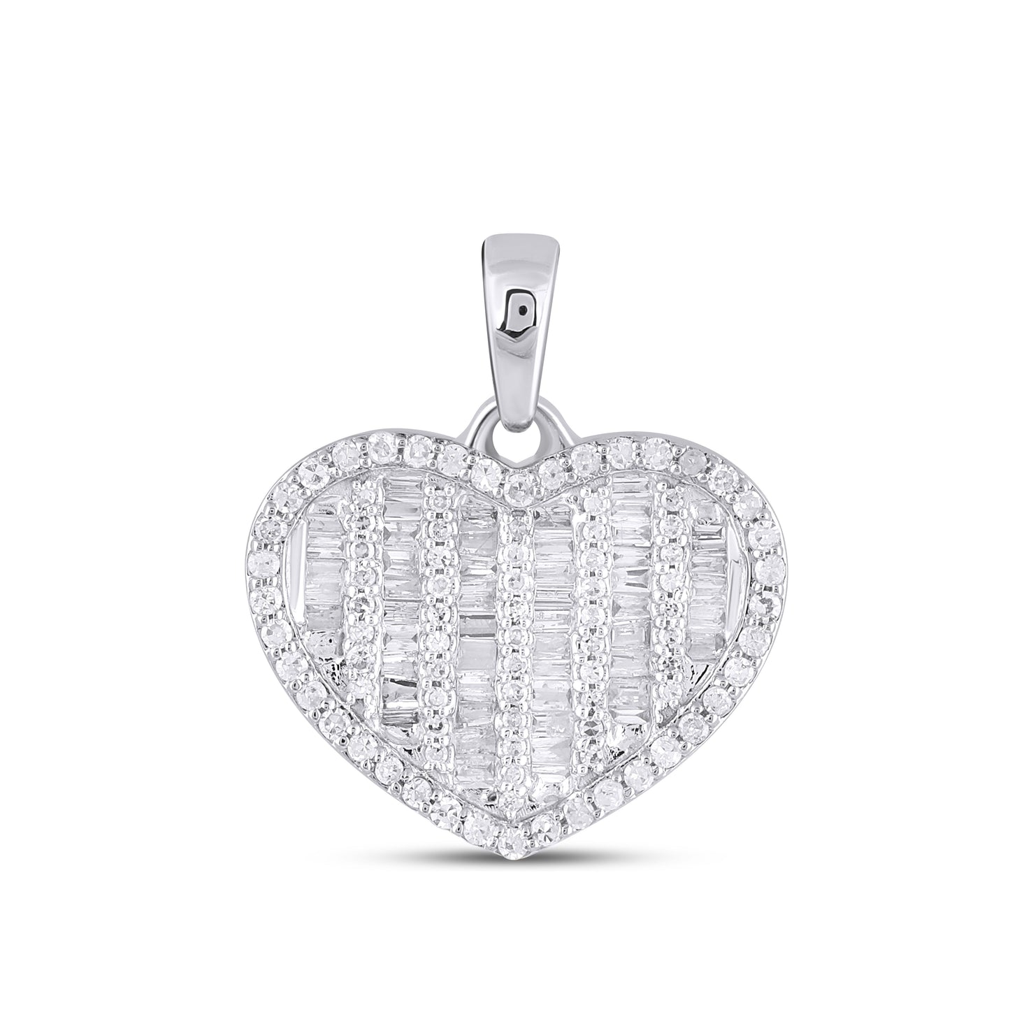 10K White Gold Round Baguette Diamond Heart Pendant 1/2 Ctw