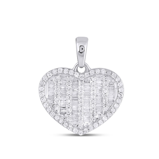 10K White Gold Round Baguette Diamond Heart Pendant 1/2 Ctw