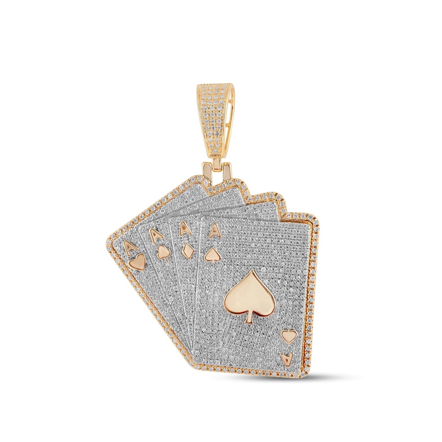 10K Yellow Gold Round Diamond Flush Cards Pendant 1-5/8 Ctw