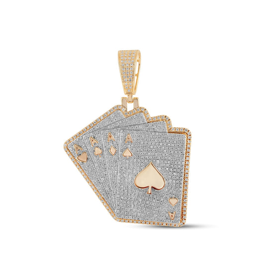 10K Yellow Gold Round Diamond Flush Cards Pendant 1-5/8 Ctw