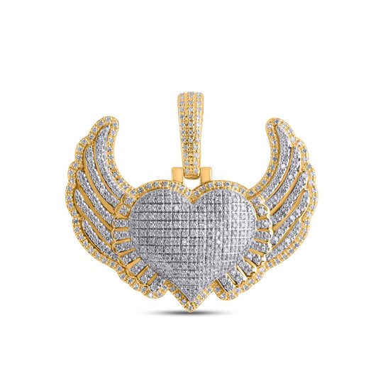 10K Yellow Gold Round Diamond Heart Wings Pendant 1-1/8 Ctw
