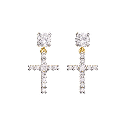 Sterling Silver Round Moissanite Cross Religious Stud Earrings 7/8 Ctw