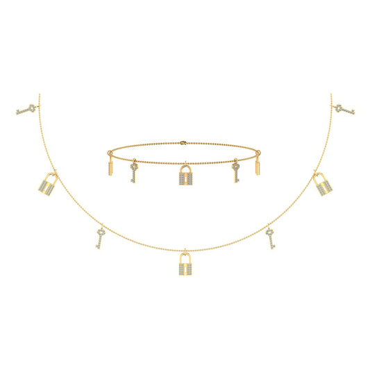 14K Yellow Gold Lock & Key Link Necklace Bracelet Jewelry Set 1/2 Ctw