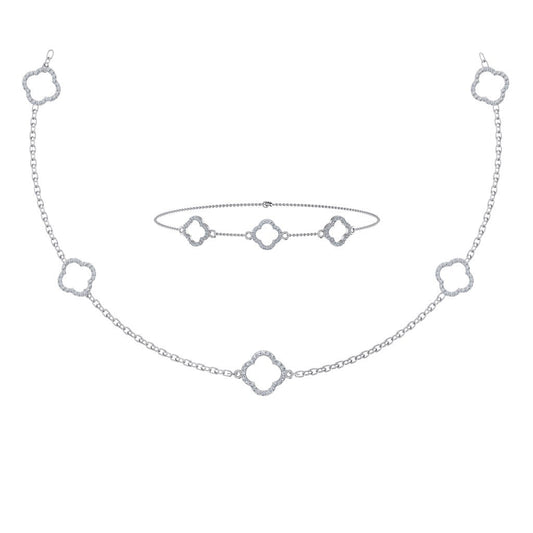 14K White Gold Round Link Necklace Bracelet Set 1-1/6 Ctw